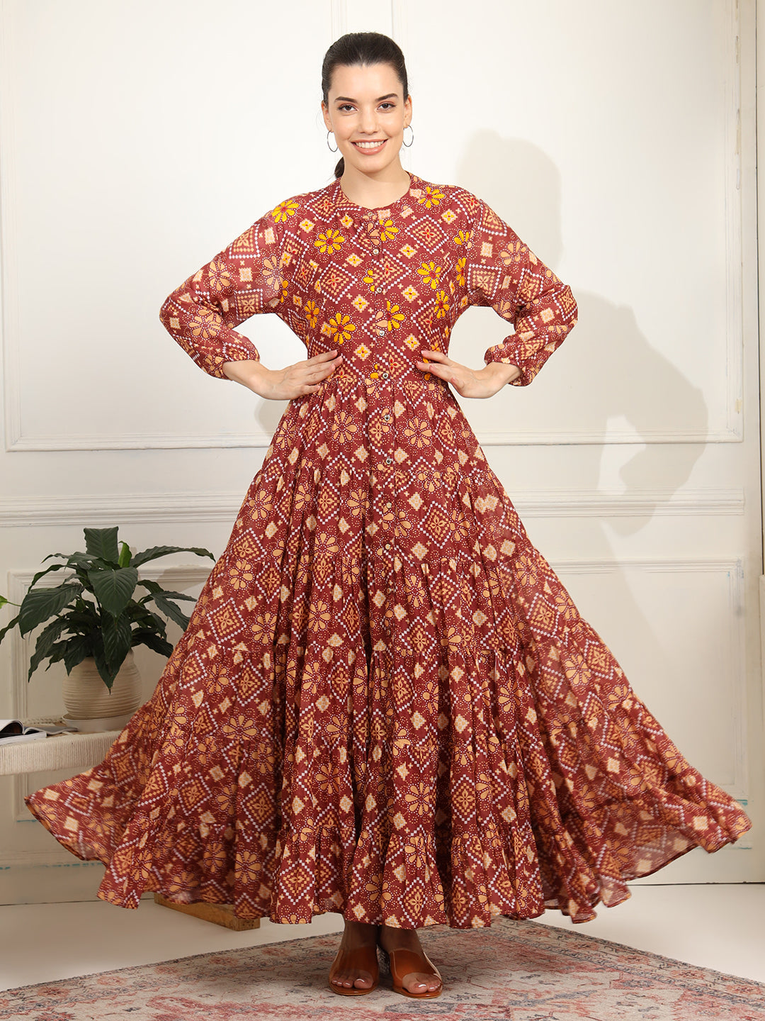 Block print Orange Color with Chikankari Embroidery full length Dress - Sufiza Lifestyle