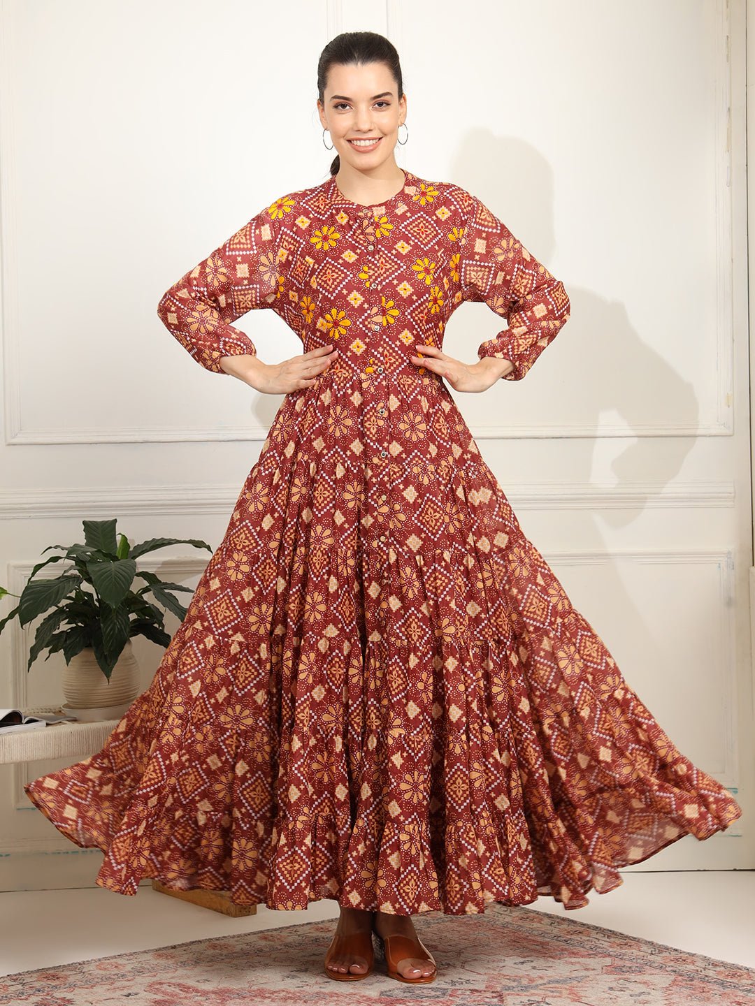 Block print Orange Color with Chikankari Embroidery full length Dress - Sufiza Lifestyle