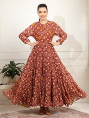Block print Orange Color with Chikankari Embroidery full length Dress - Sufiza Lifestyle