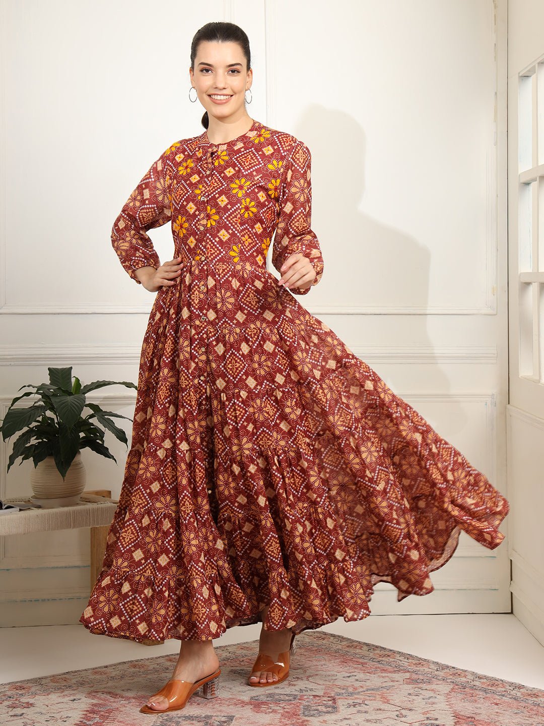 Block print Orange Color with Chikankari Embroidery full length Dress - Sufiza Lifestyle