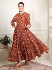 Block print Orange Color with Chikankari Embroidery full length Dress - Sufiza Lifestyle