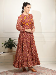 Block print Orange Color with Chikankari Embroidery full length Dress - Sufiza Lifestyle