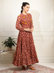 Block print Orange Color with Chikankari Embroidery full length Dress - Sufiza Lifestyle