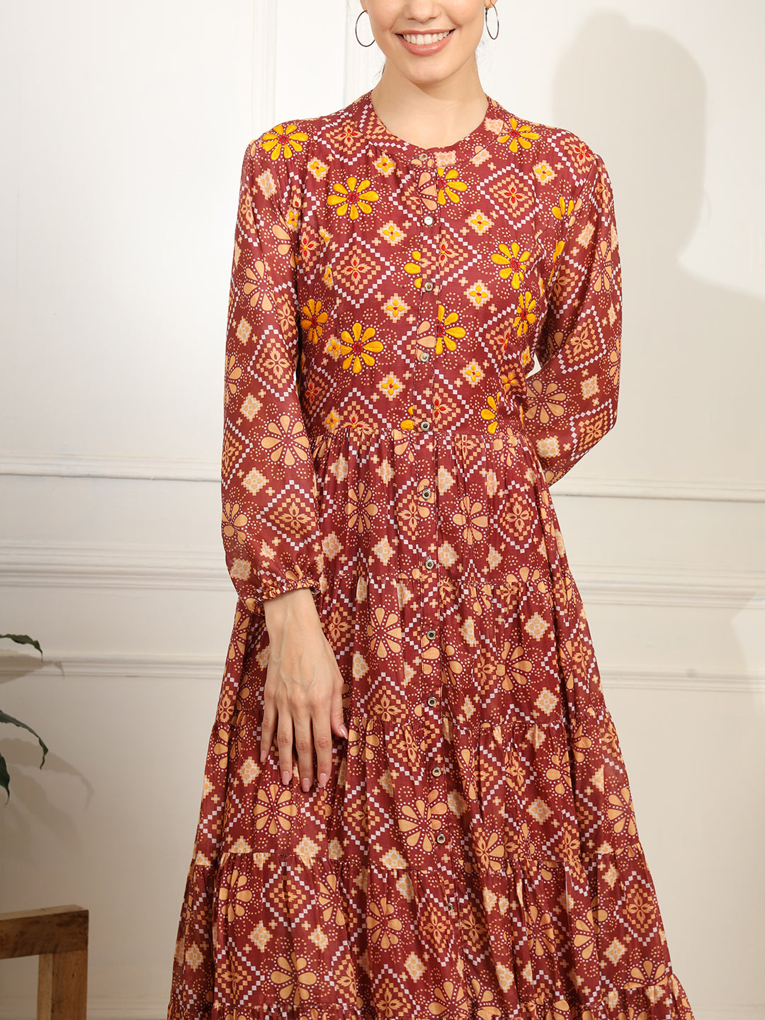 Block print Orange Color with Chikankari Embroidery full length Dress - Sufiza Lifestyle