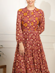 Block print Orange Color with Chikankari Embroidery full length Dress - Sufiza Lifestyle