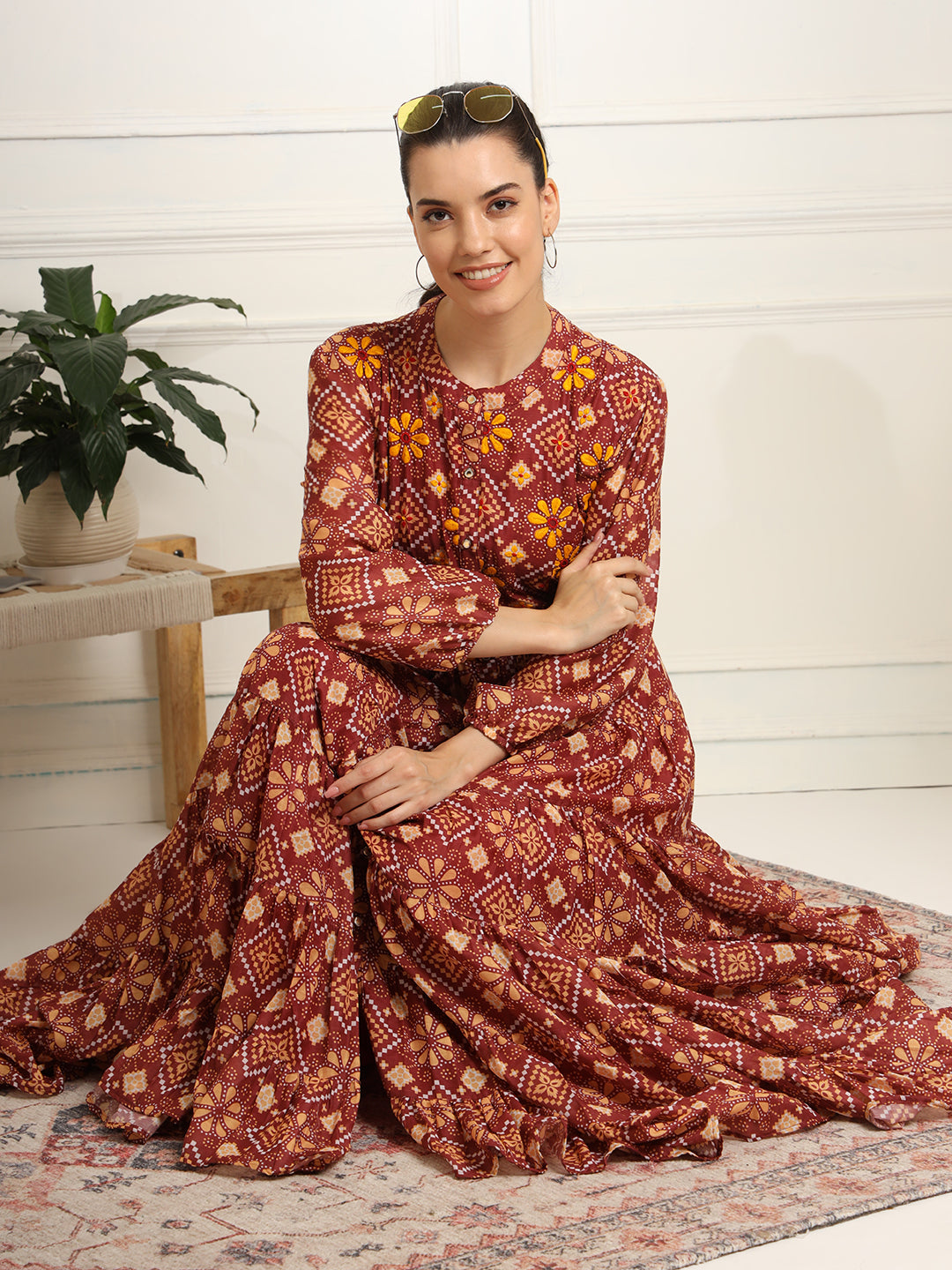 Block print Orange Color with Chikankari Embroidery full length Dress - Sufiza Lifestyle