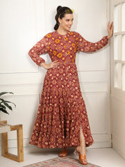 Block print Orange Color with Chikankari Embroidery full length Dress - Sufiza Lifestyle