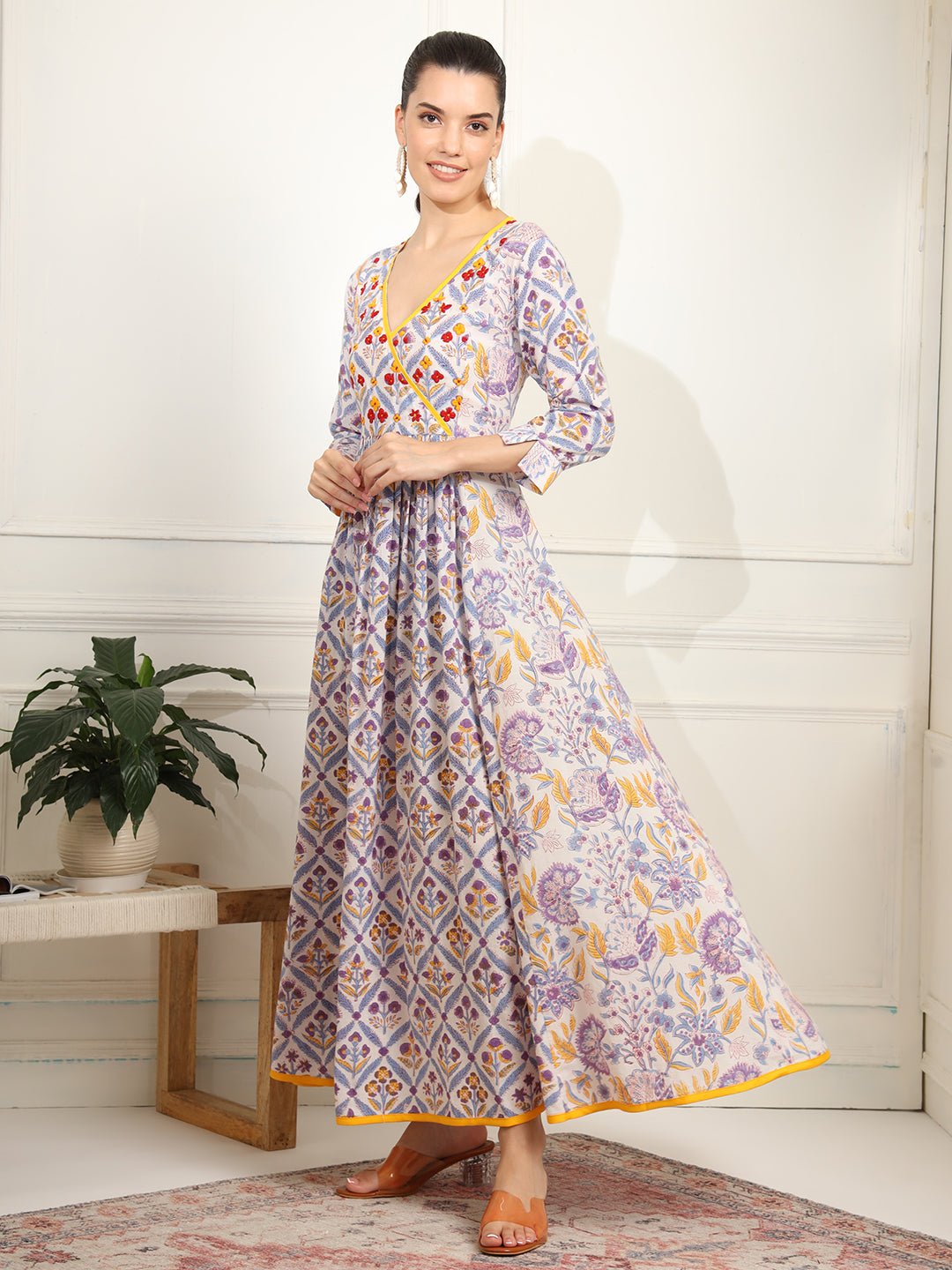 White and Purple Color Chikankari embroidery full length Dress - Sufiza Lifestyle