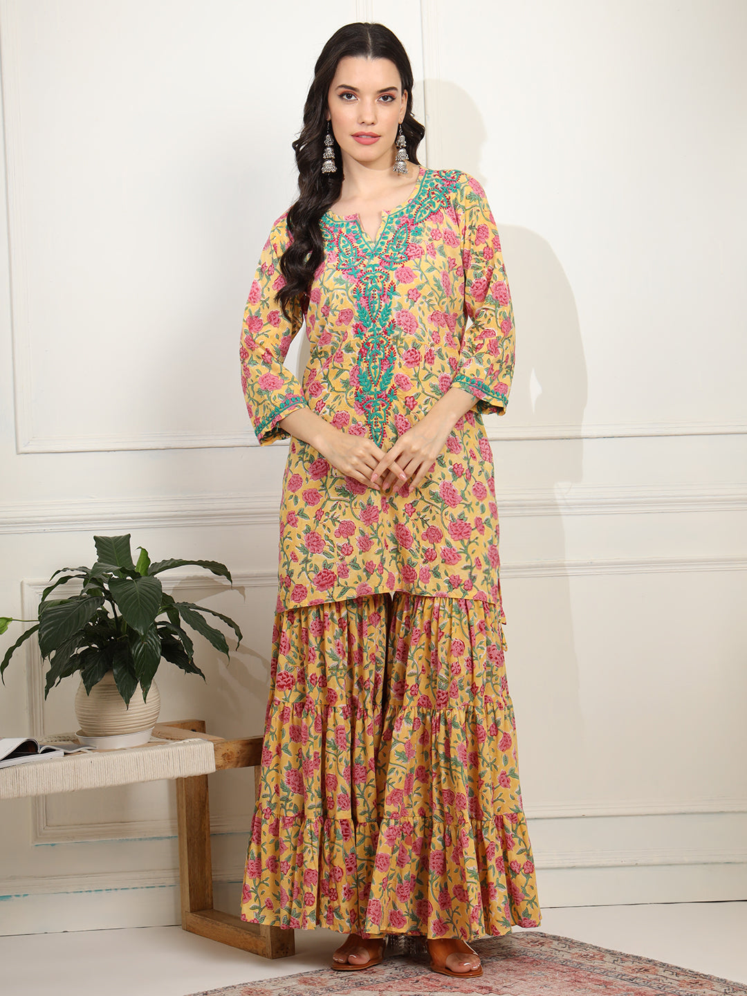 Block Print with Chikankari Kurta and Sharara - Sufiza Lifestyle
