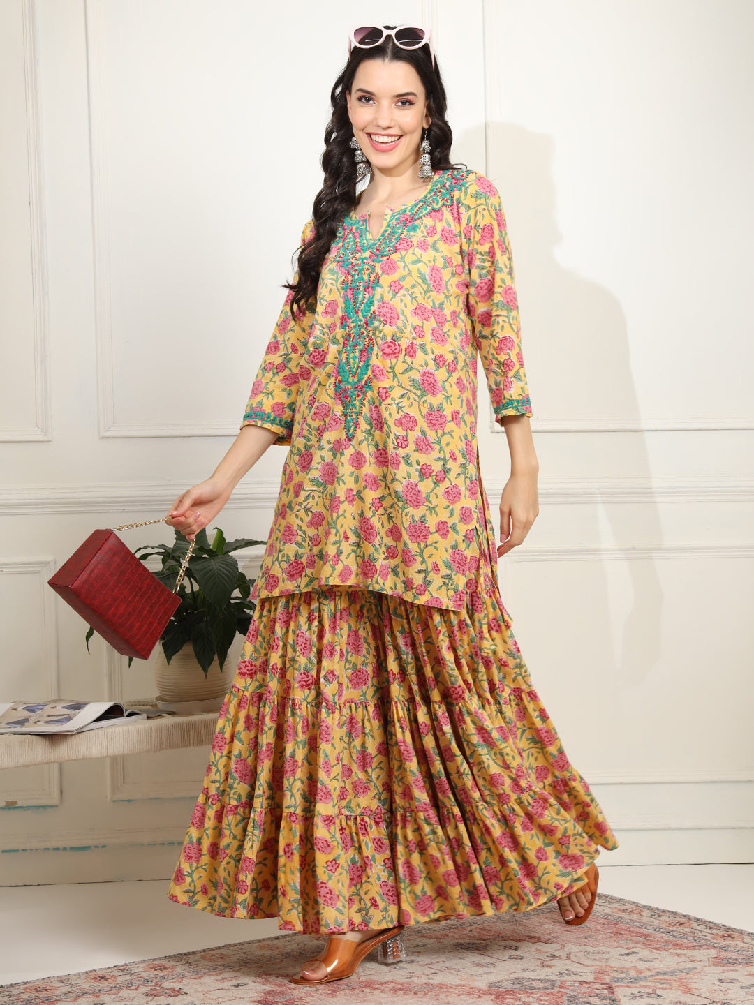 Block Print with Chikankari Kurta and Sharara - Sufiza Lifestyle