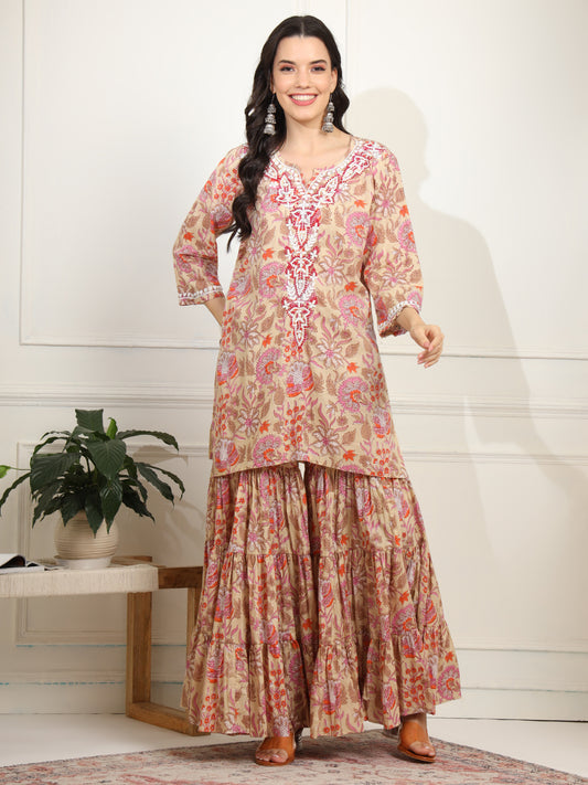Block Print with Chikankari Kurta and Sharara - Sufiza Lifestyle