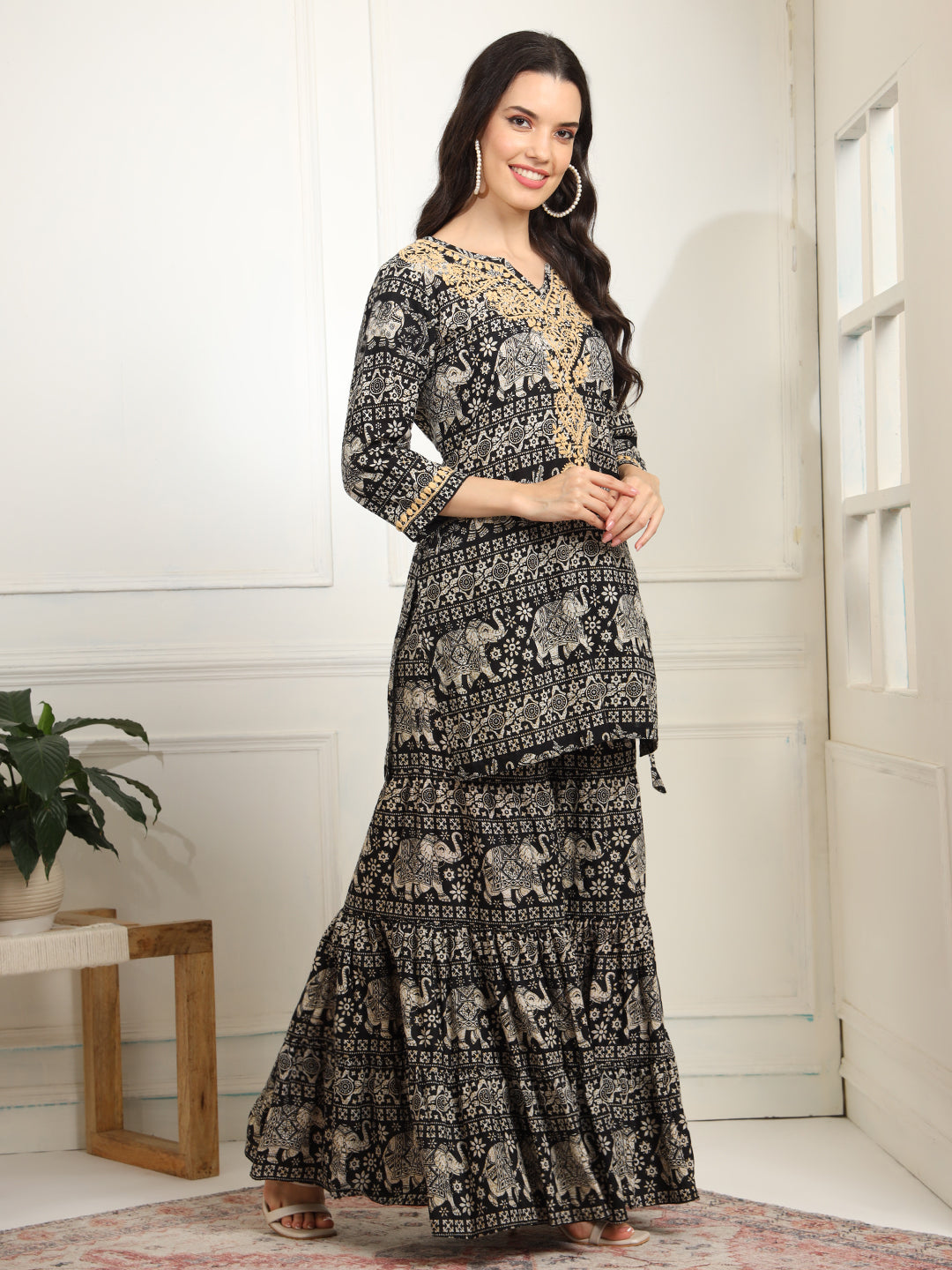 Block Print with Chikankari Kurta and Sharara - Sufiza Lifestyle