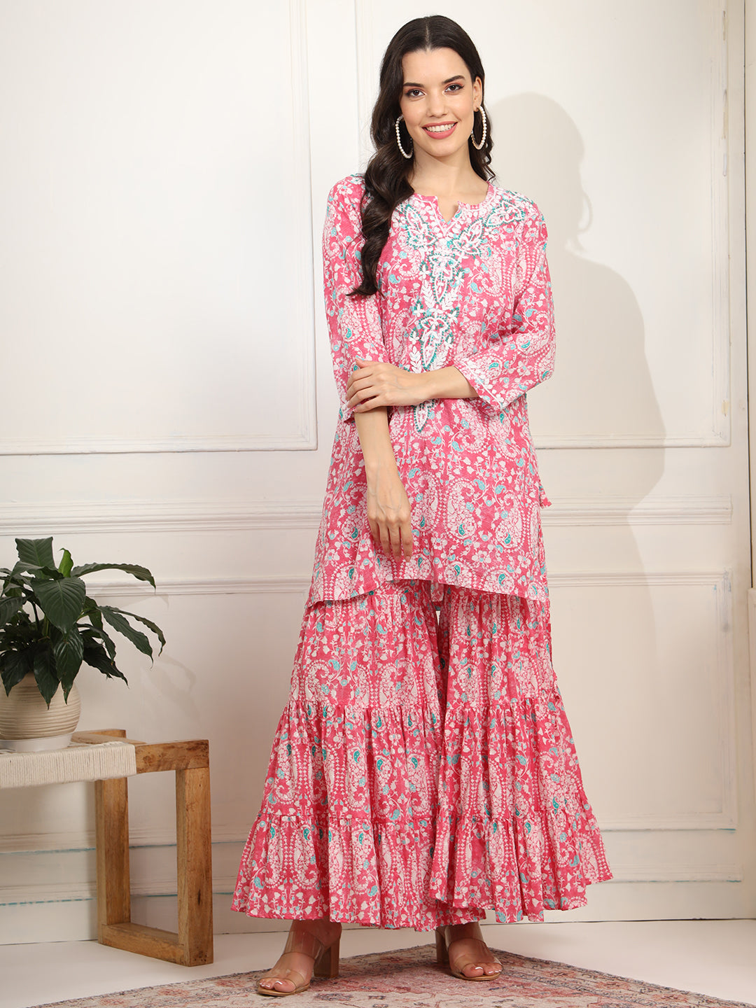 Block Print with Chikankari Kurta and Sharara - Sufiza Lifestyle