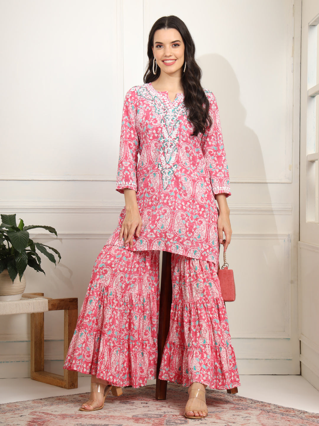 Block Print with Chikankari Kurta and Sharara - Sufiza Lifestyle