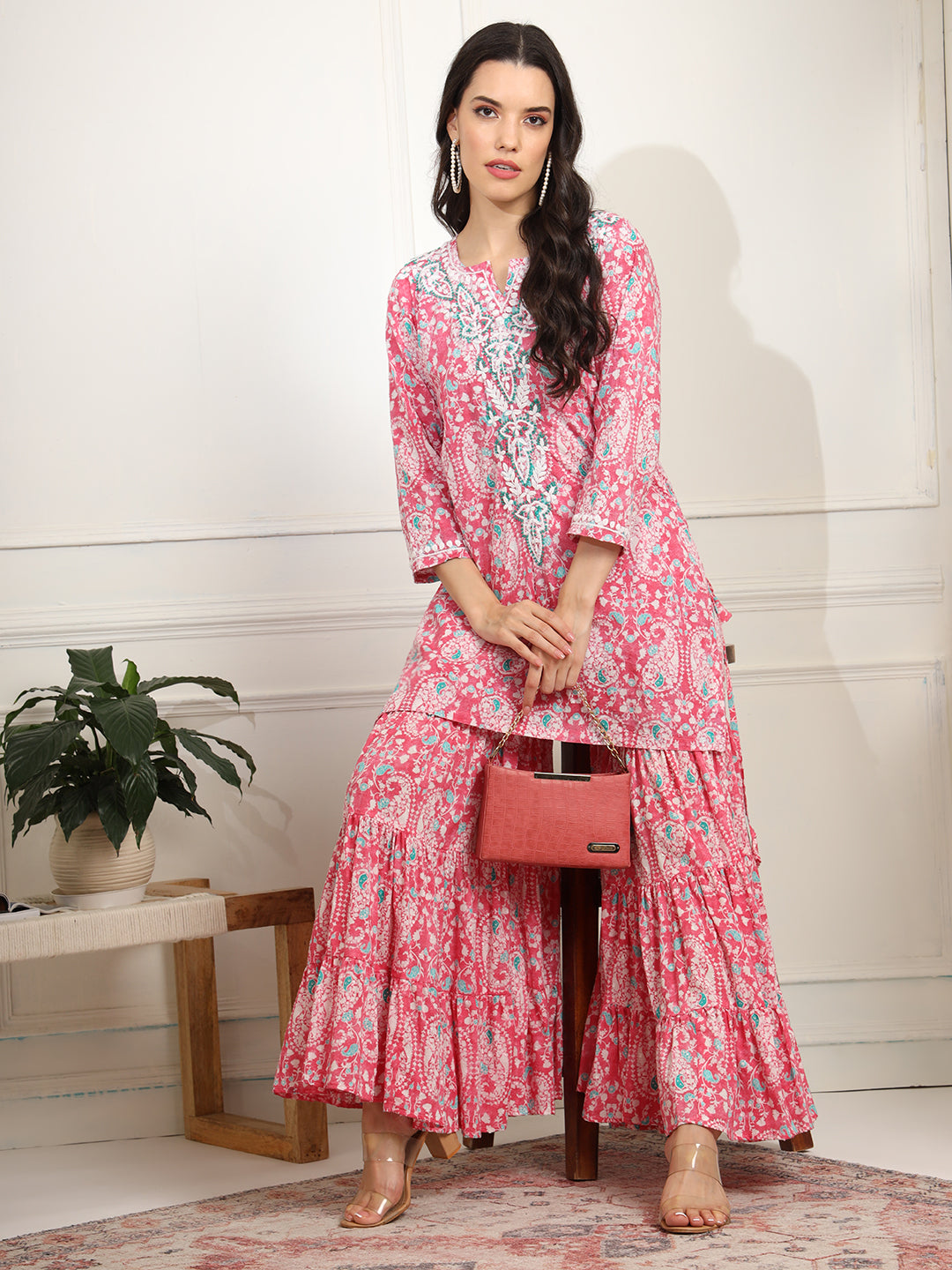 Block Print with Chikankari Kurta and Sharara - Sufiza Lifestyle