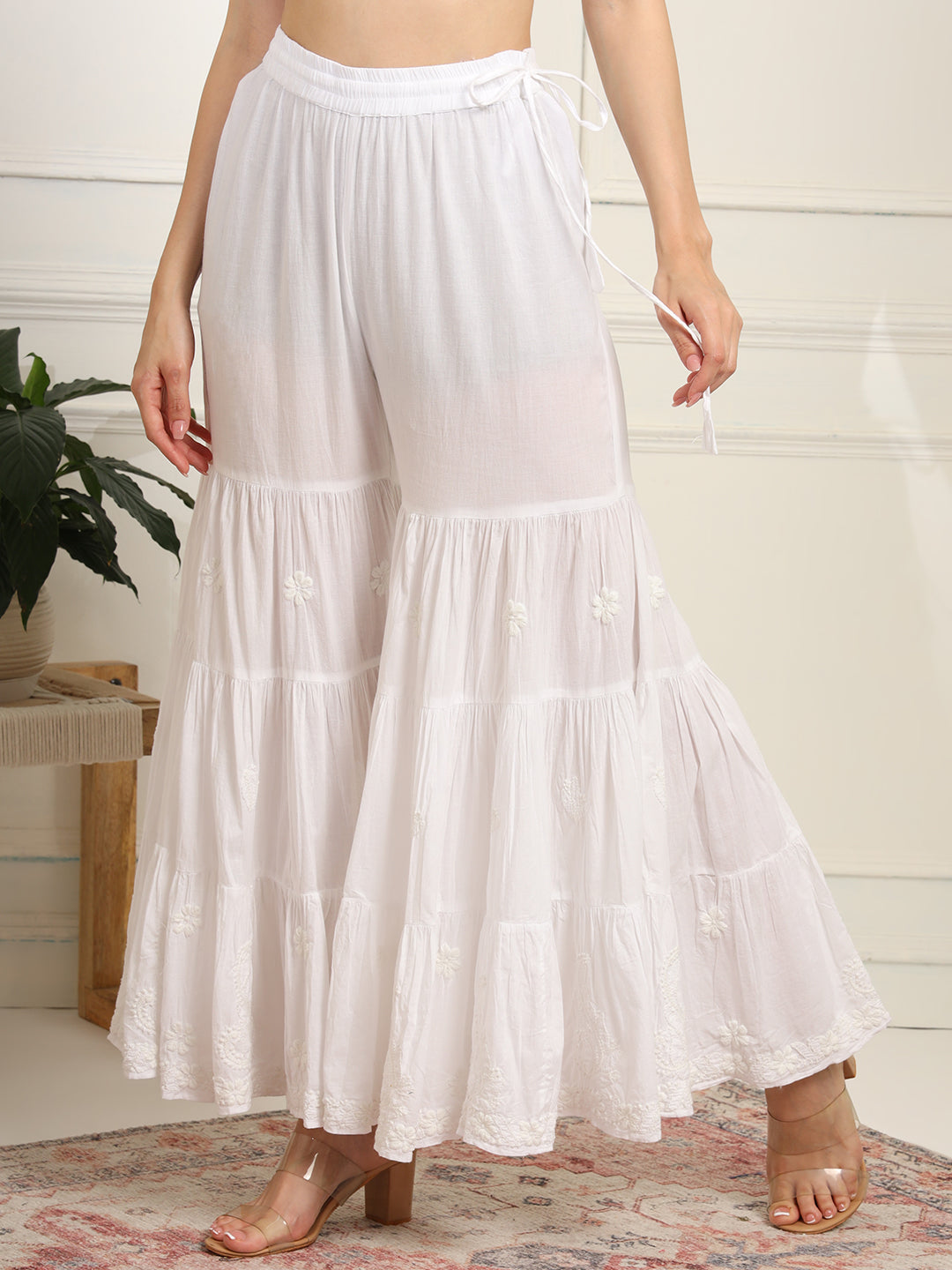 Chikankari Bottom  Embroidery White cotton Three layer Sharara - Sufiza Lifestyle