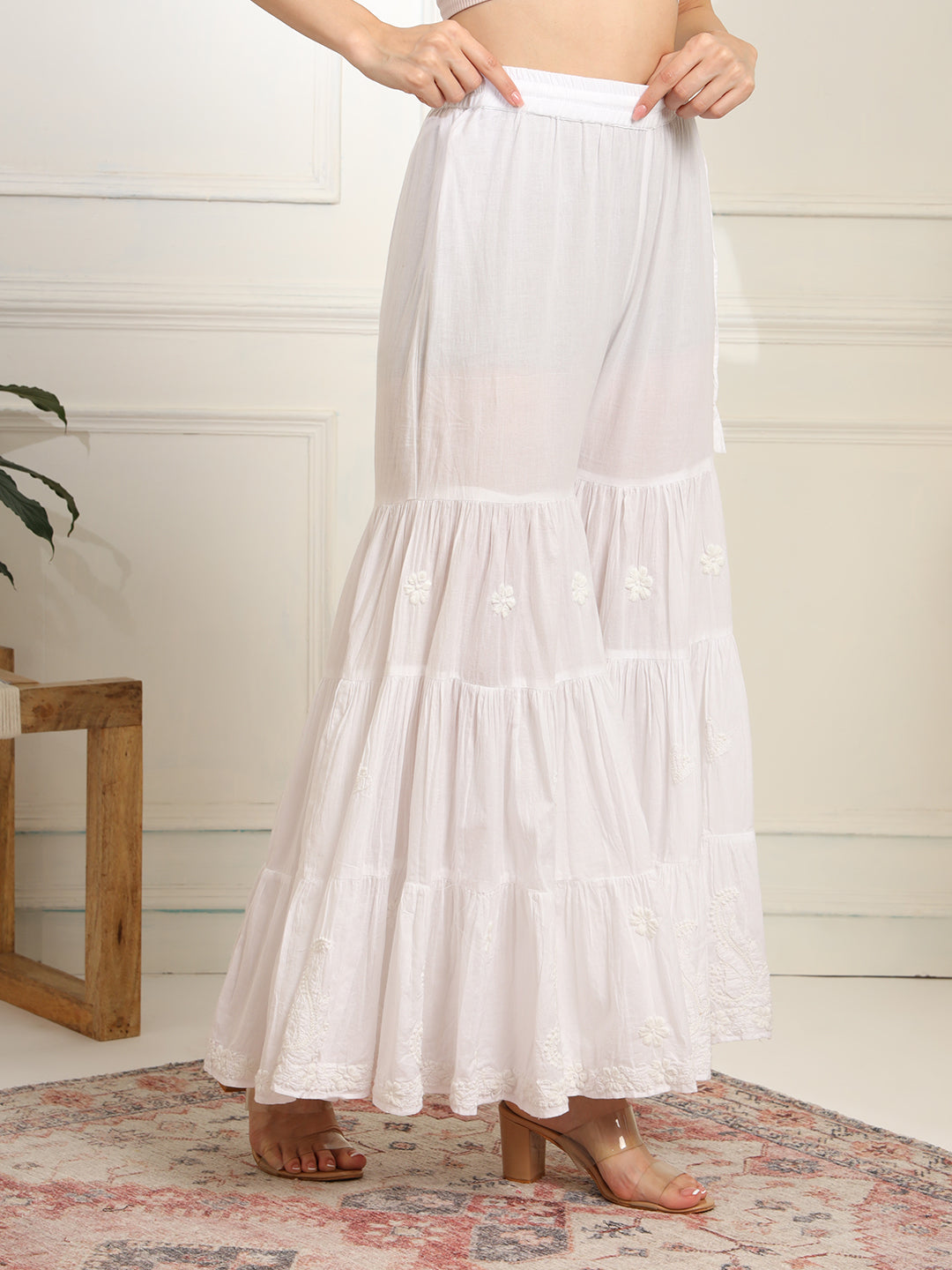 Chikankari Bottom  Embroidery White cotton Three layer Sharara - Sufiza Lifestyle