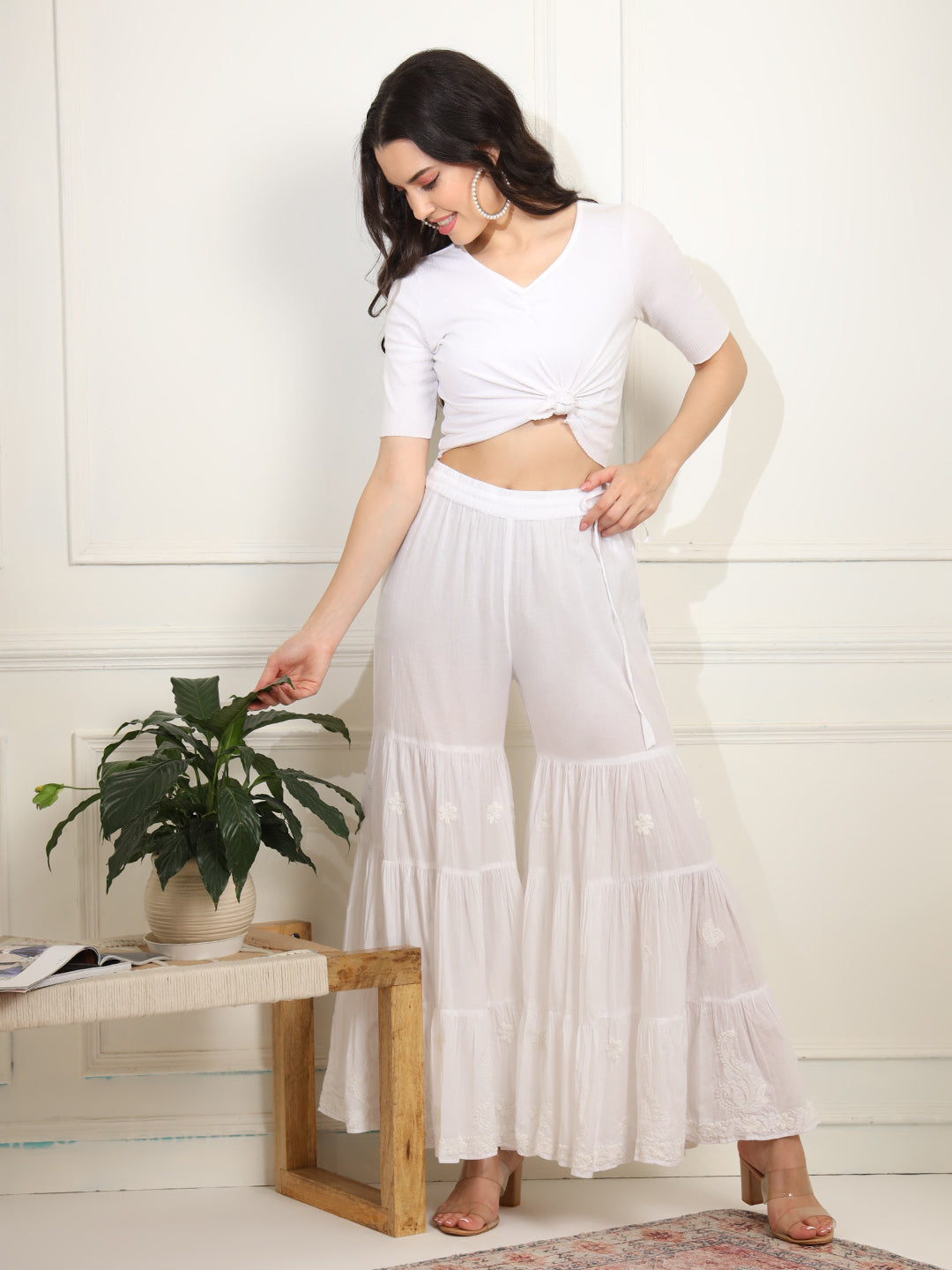 Chikankari Bottom  Embroidery White cotton Three layer Sharara - Sufiza Lifestyle