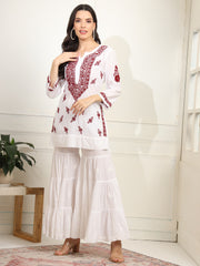 White cotton Kurta with Mehroon Thread Embroidery - Sufiza Lifestyle