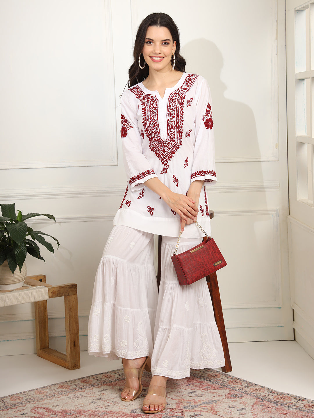 White cotton Kurta with Mehroon Thread Embroidery - Sufiza Lifestyle