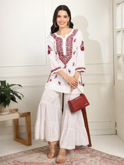 White cotton Kurta with Mehroon Thread Embroidery - Sufiza Lifestyle