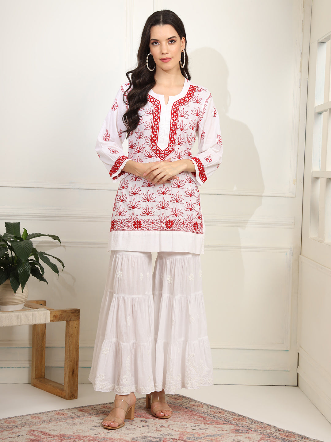 White cotton Kurta with Red Thread Embroidery - Sufiza Lifestyle