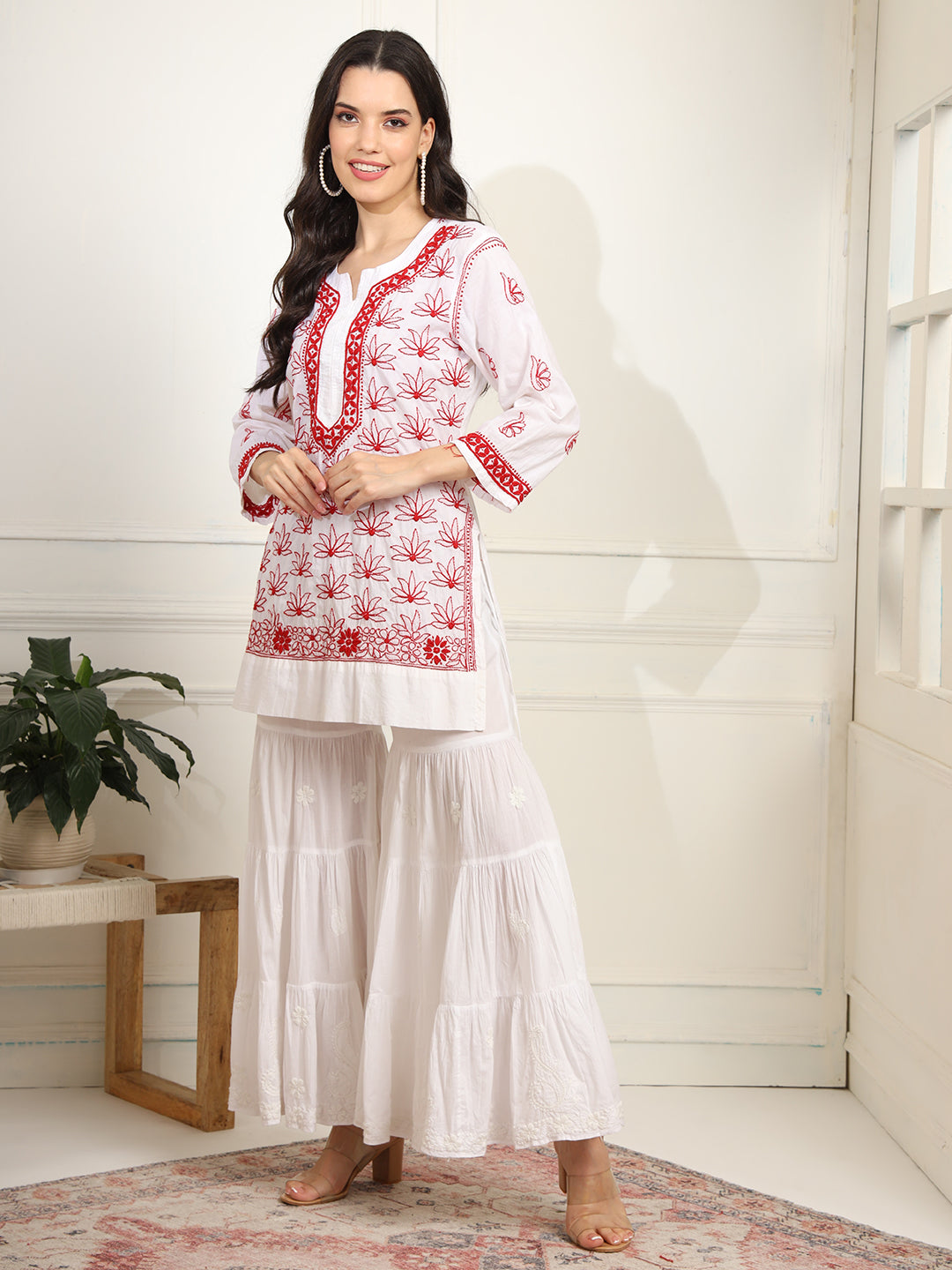 White cotton Kurta with Red Thread Embroidery - Sufiza Lifestyle