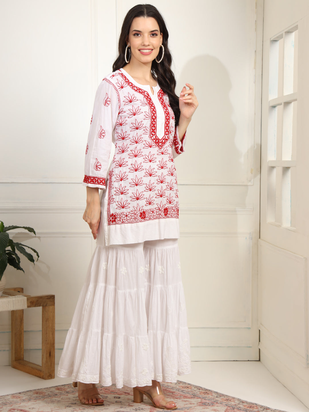 White cotton Kurta with Red Thread Embroidery - Sufiza Lifestyle