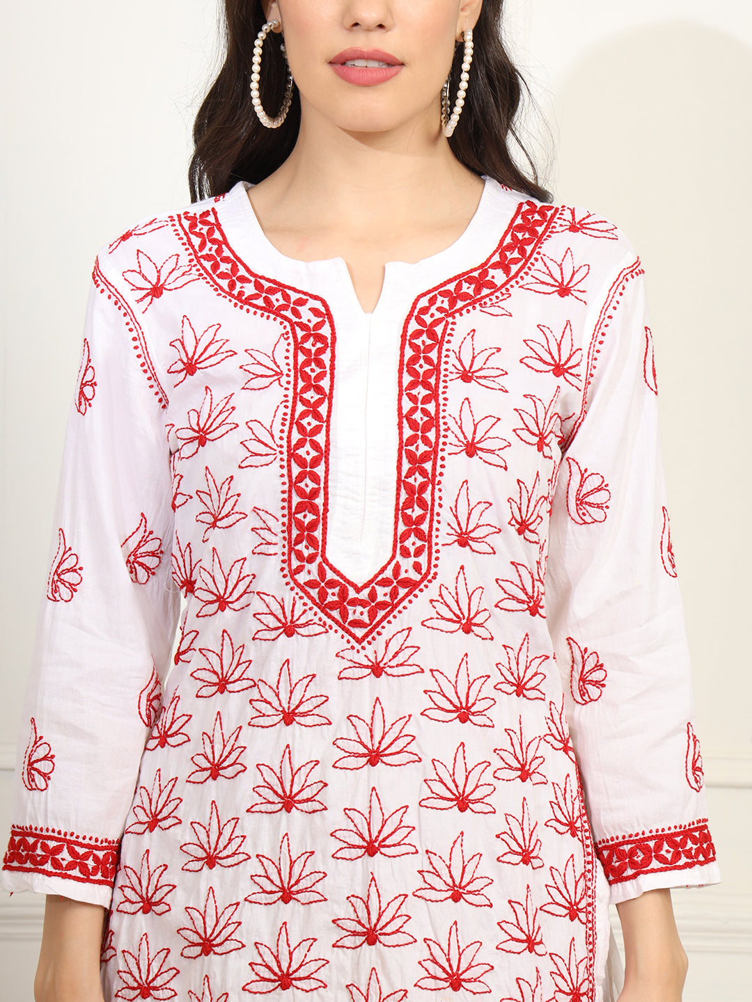White cotton Kurta with Red Thread Embroidery - Sufiza Lifestyle
