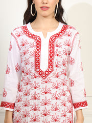 White cotton Kurta with Red Thread Embroidery - Sufiza Lifestyle