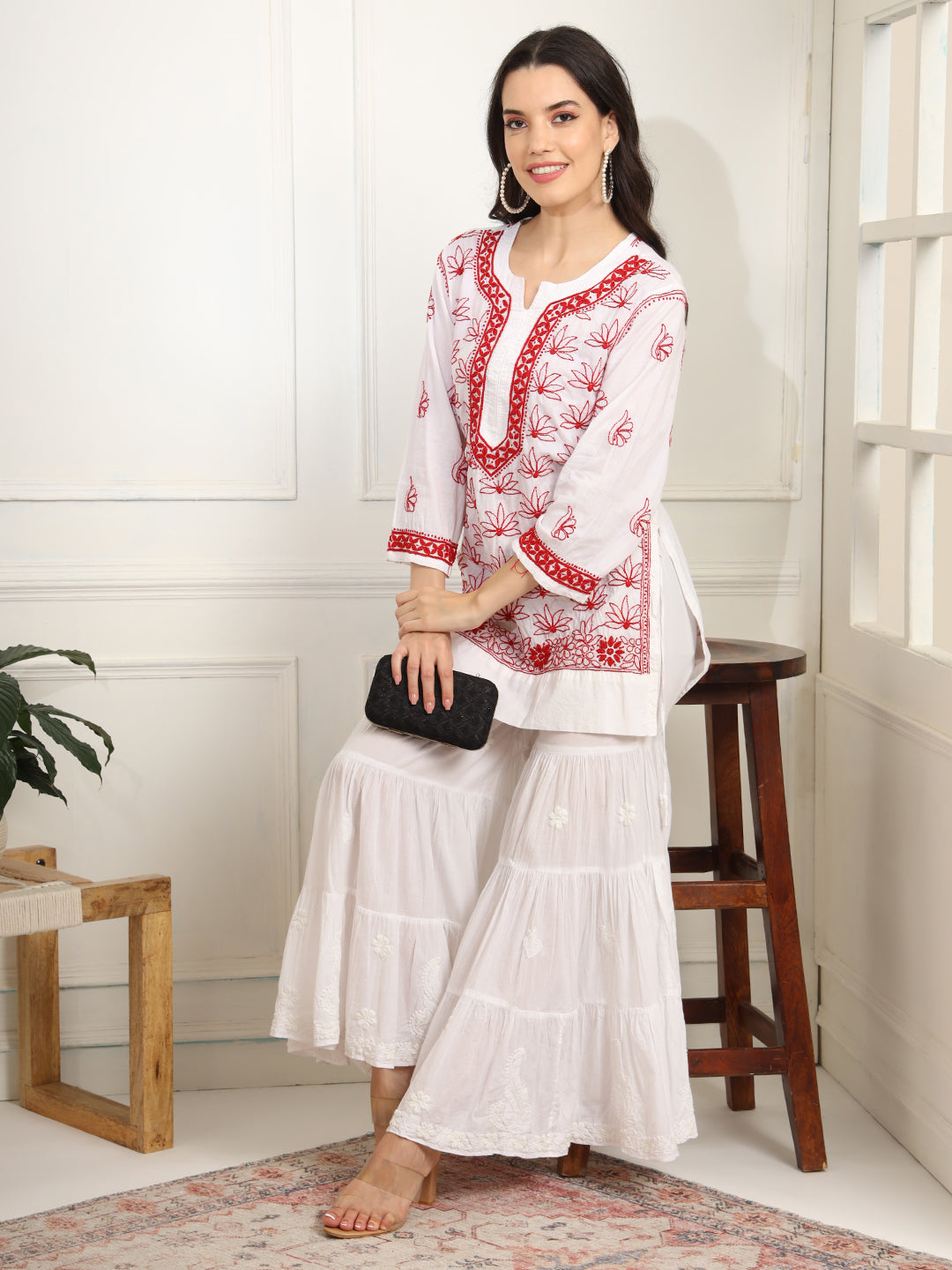 White cotton Kurta with Red Thread Embroidery - Sufiza Lifestyle