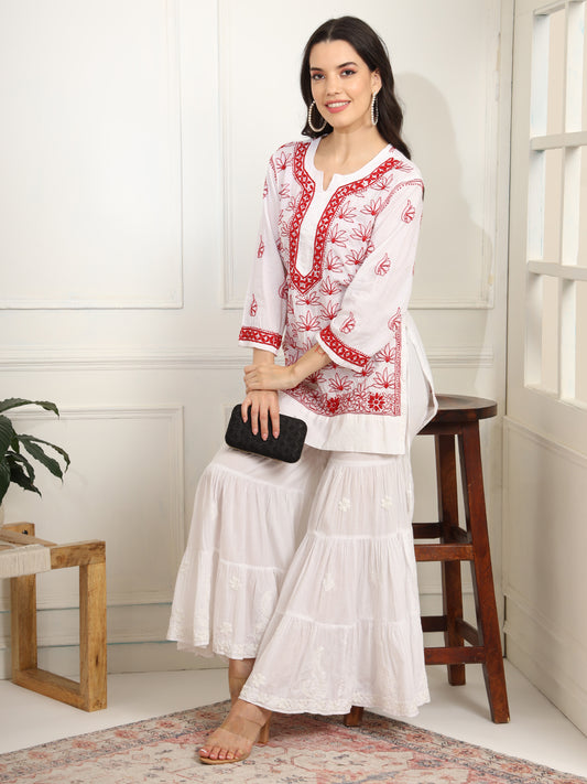White cotton Kurta with Red Thread Embroidery - Sufiza Lifestyle