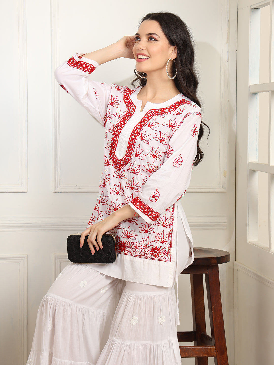 White cotton Kurta with Red Thread Embroidery - Sufiza Lifestyle