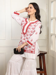 White cotton Kurta with Red Thread Embroidery - Sufiza Lifestyle