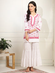 White cotton Kurta with Pink Thread Embroidery - Sufiza Lifestyle