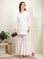 White cotton Kurta with White Thread Embroidery - Sufiza Lifestyle