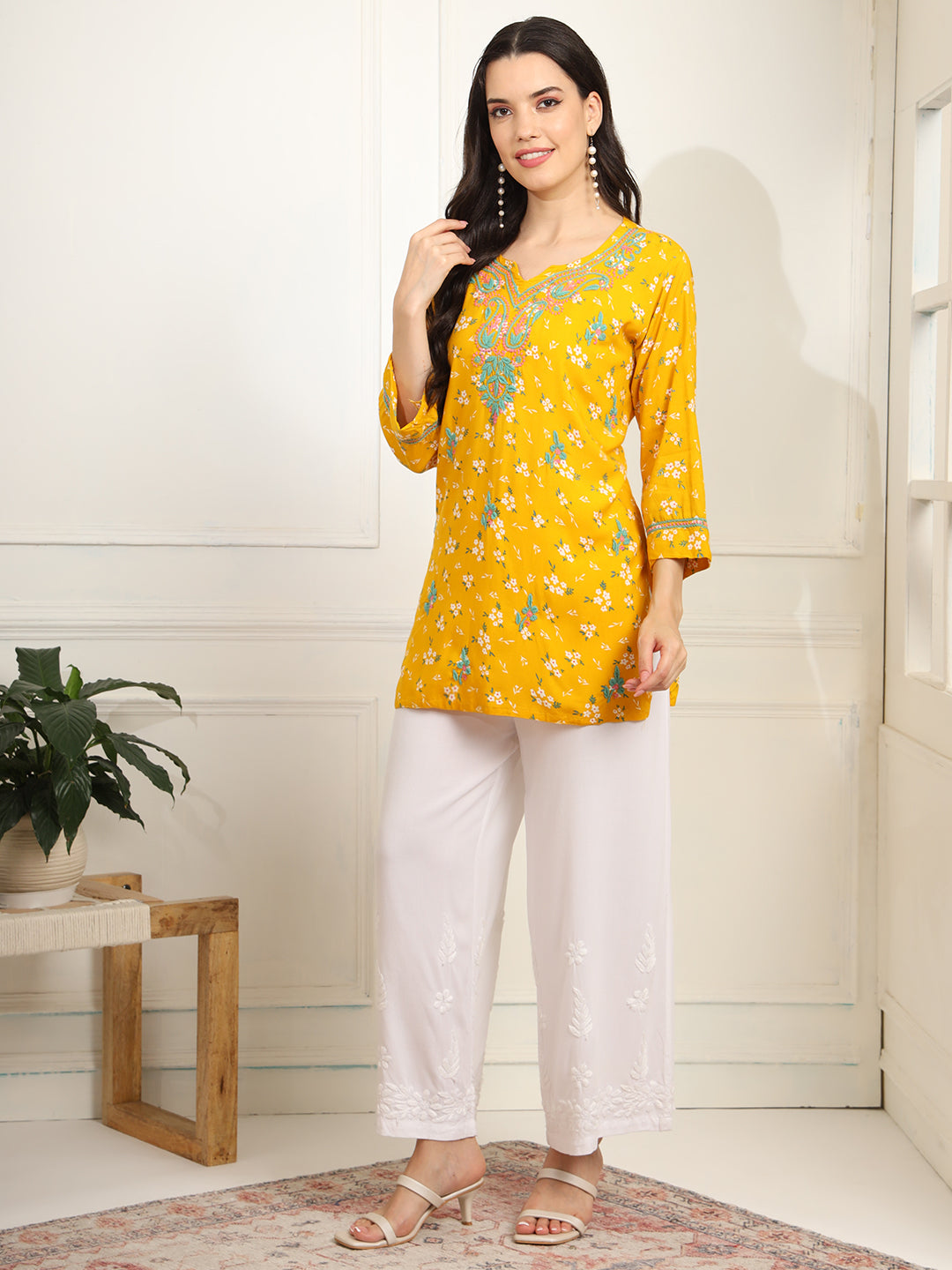 Yellow Color Viscose Cotton Kurta with Multi Color Thread Embroidery - Sufiza Lifestyle