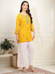 Yellow Color Viscose Cotton Kurta with Multi Color Thread Embroidery - Sufiza Lifestyle