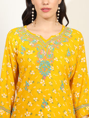 Yellow Color Viscose Cotton Kurta with Multi Color Thread Embroidery - Sufiza Lifestyle