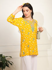 Yellow Color Viscose Cotton Kurta with Multi Color Thread Embroidery - Sufiza Lifestyle