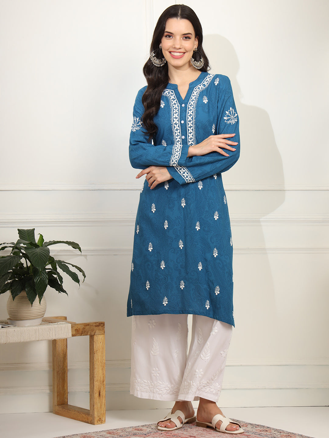 Chikankari Embroidery Blue Rayon Kurta - Sufiza Lifestyle