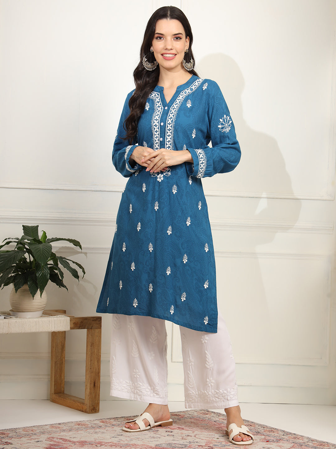 Chikankari Embroidery Blue Rayon Kurta - Sufiza Lifestyle