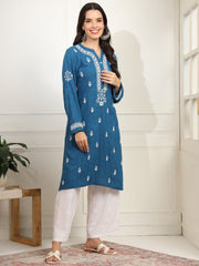 Chikankari Embroidery Blue Rayon Kurta - Sufiza Lifestyle