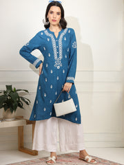 Chikankari Embroidery Blue Rayon Kurta - Sufiza Lifestyle