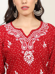 Red Color Viscose Cotton Kurta with Multi Color Thread Embroidery - Sufiza Lifestyle