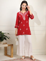 Red Color Viscose Cotton Kurta with Multi Color Thread Embroidery - Sufiza Lifestyle
