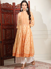 Chikankari Premium  Chanderi Orange Kalidar Kurta Set - Sufiza Lifestyle