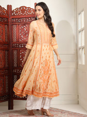 Chikankari Premium  Chanderi Orange Kalidar Kurta Set - Sufiza Lifestyle