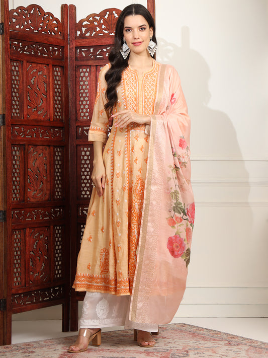 Chikankari Premium Chanderi Orange Kalidar Kurta Set - Sufiza Lifestyle