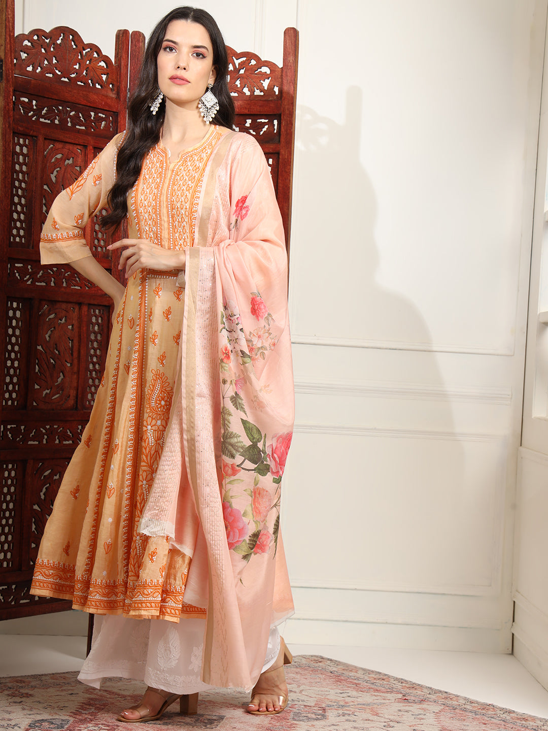 Chikankari Premium  Chanderi Orange Kalidar Kurta Set - Sufiza Lifestyle